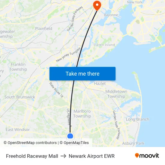 Freehold Raceway Mall to Newark Airport EWR map