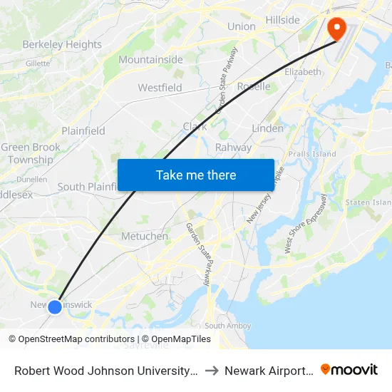 Robert Wood Johnson University Hospital to Newark Airport EWR map