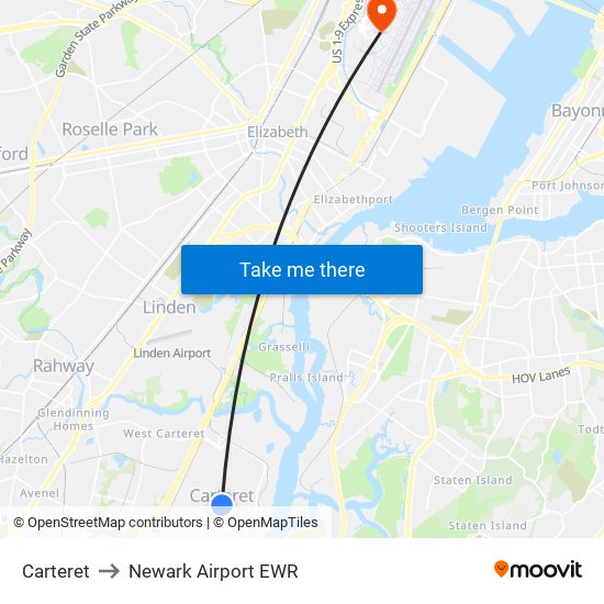 Carteret to Newark Airport EWR map