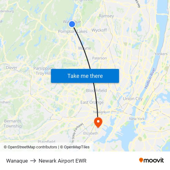 Wanaque to Newark Airport EWR map
