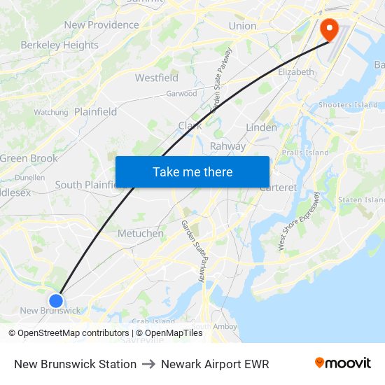 New Brunswick Station to Newark Airport EWR map