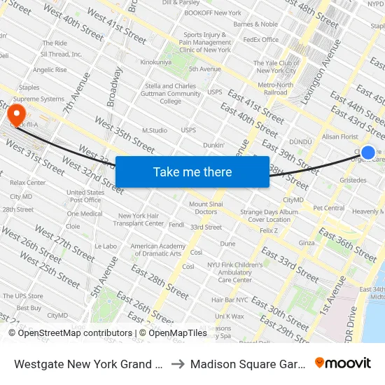 Westgate New York Grand Central Hotel to Madison Square Garden Center map