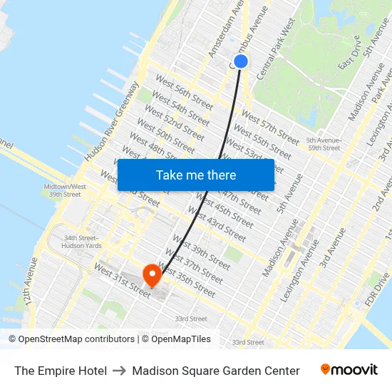 The Empire Hotel to Madison Square Garden Center map