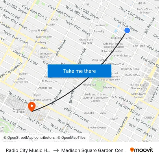 Radio City Music Hall to Madison Square Garden Center map