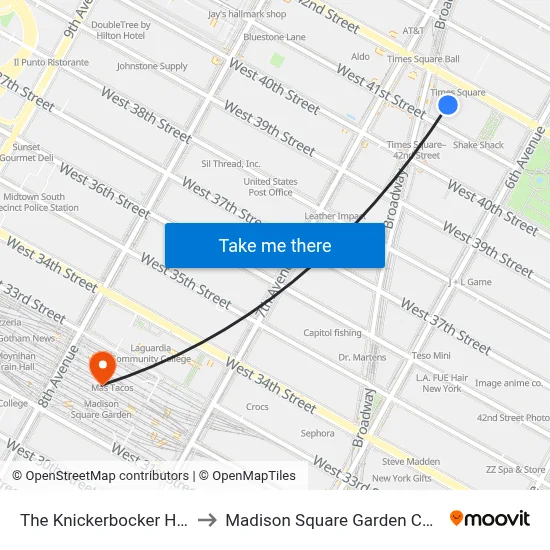 The Knickerbocker Hotel to Madison Square Garden Center map