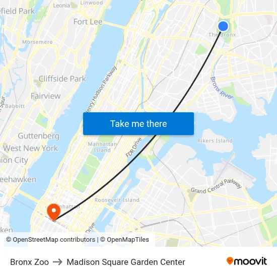 Bronx Zoo to Madison Square Garden Center map
