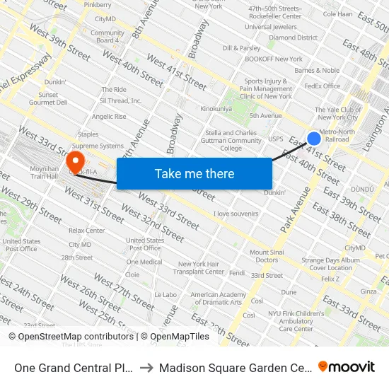 One Grand Central Place to Madison Square Garden Center map