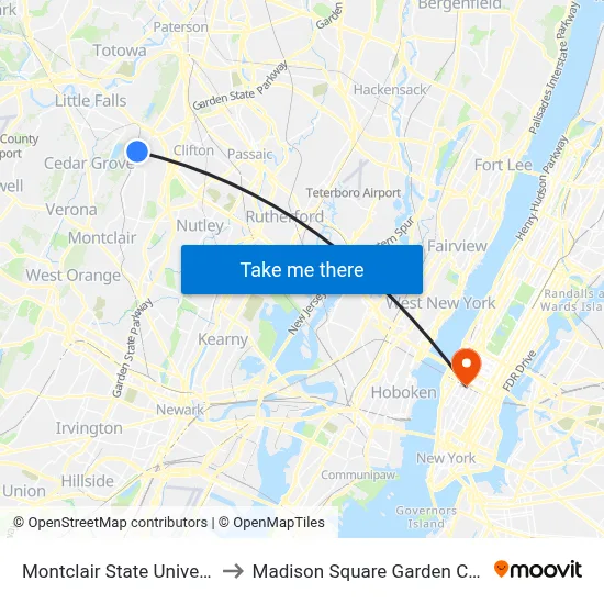 Montclair State University to Madison Square Garden Center map