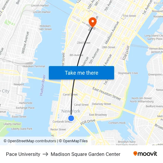 Pace University to Madison Square Garden Center map