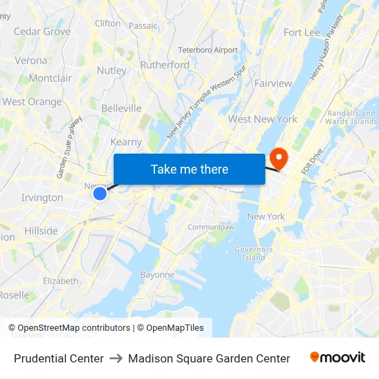 Prudential Center to Madison Square Garden Center map