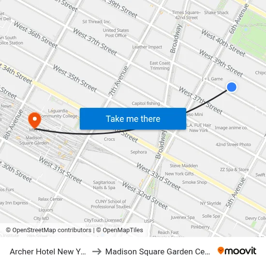 Archer Hotel New York to Madison Square Garden Center map