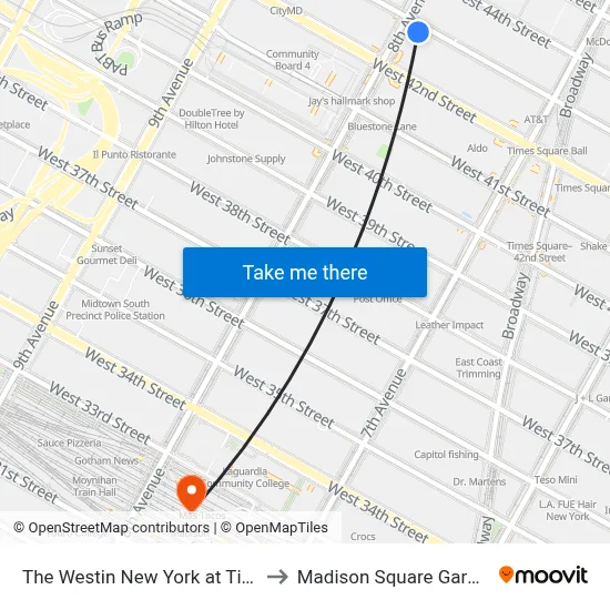 The Westin New York at Times Square to Madison Square Garden Center map