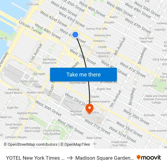 YOTEL New York Times Square to Madison Square Garden Center map