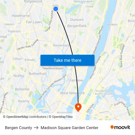 Bergen County to Madison Square Garden Center map