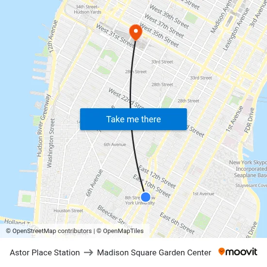 Astor Place Station to Madison Square Garden Center map