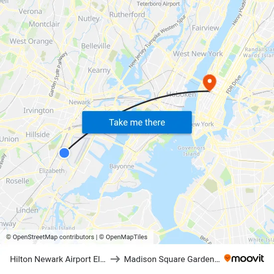 Hilton Newark Airport Elizabeth to Madison Square Garden Center map