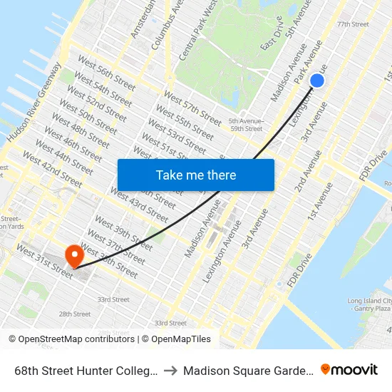 68th Street Hunter College Station to Madison Square Garden Center map