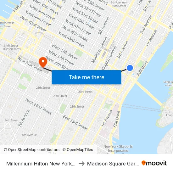 Millennium Hilton New York One UN Plaza to Madison Square Garden Center map