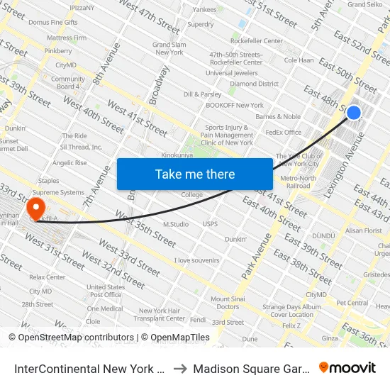 InterContinental New York Barclay Hotel to Madison Square Garden Center map
