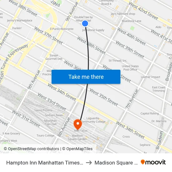 Hampton Inn Manhattan Times Square South New York to Madison Square Garden Center map