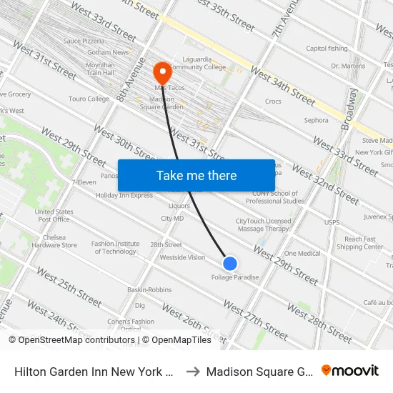 Hilton Garden Inn New York Manhattan Chelsea to Madison Square Garden Center map