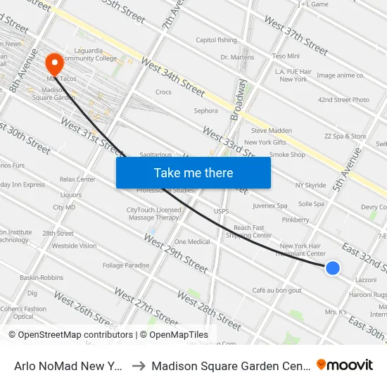 Arlo NoMad New York to Madison Square Garden Center map