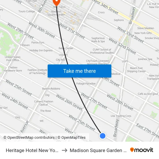 Heritage Hotel New York City to Madison Square Garden Center map