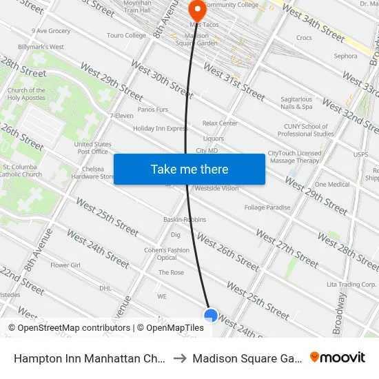 Hampton Inn Manhattan Chelsea New York to Madison Square Garden Center map