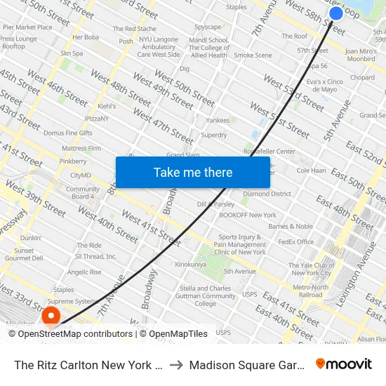 The Ritz Carlton New York Central Park to Madison Square Garden Center map