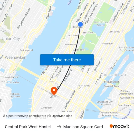 Central Park West Hostel New York to Madison Square Garden Center map