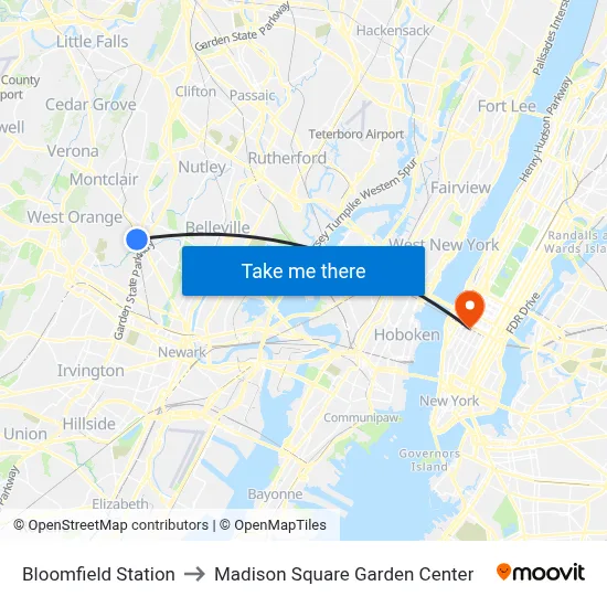 Bloomfield Station to Madison Square Garden Center map