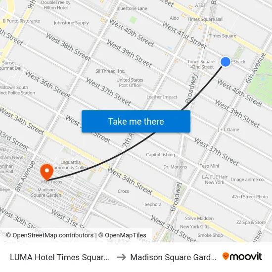 LUMA Hotel Times Square New York to Madison Square Garden Center map