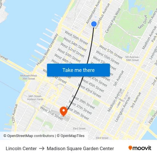 Lincoln Center to Madison Square Garden Center map