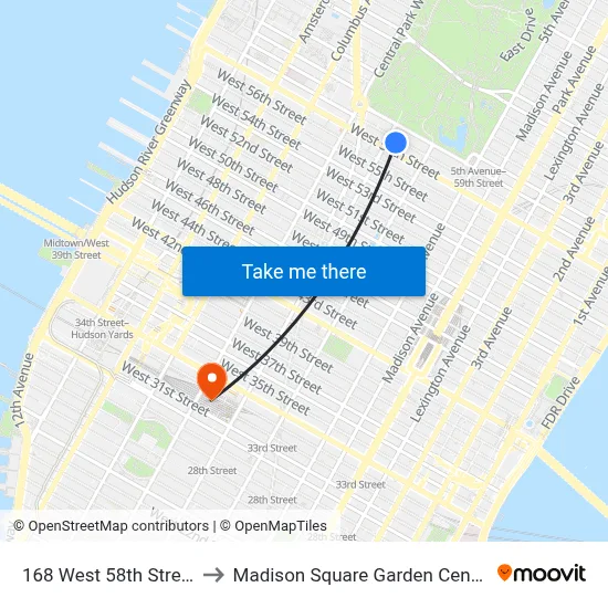 168 West 58th Street to Madison Square Garden Center map