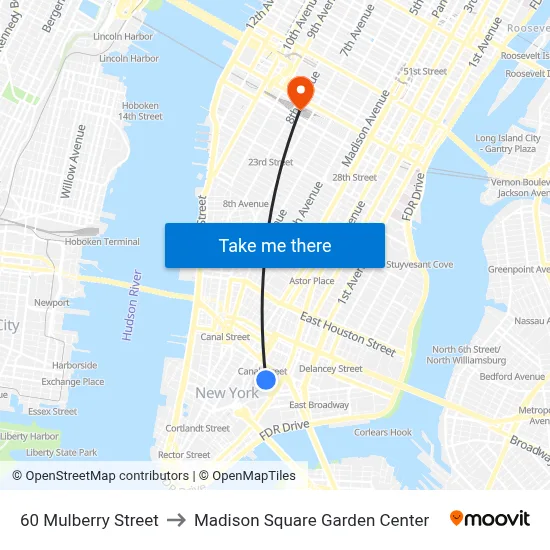 60 Mulberry Street to Madison Square Garden Center map