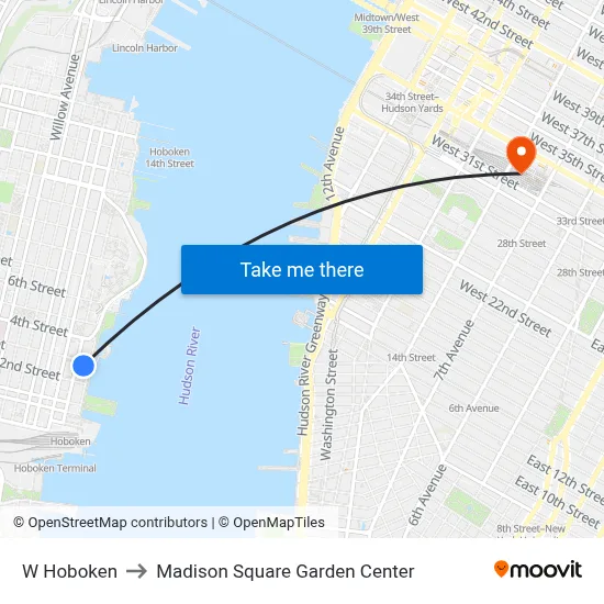 W Hoboken to Madison Square Garden Center map