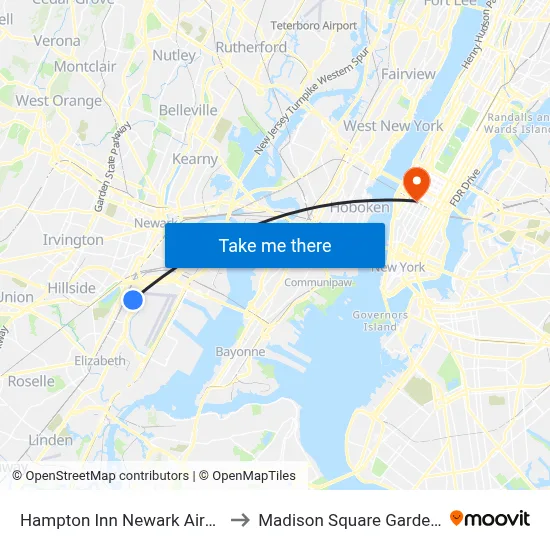Hampton Inn Newark Airport Hotel to Madison Square Garden Center map