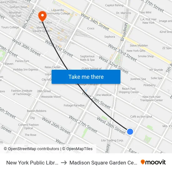 New York Public Library to Madison Square Garden Center map