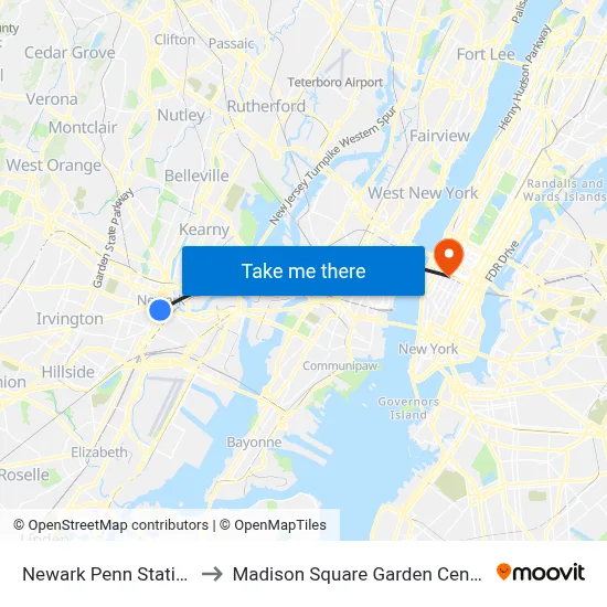Newark Penn Station to Madison Square Garden Center map