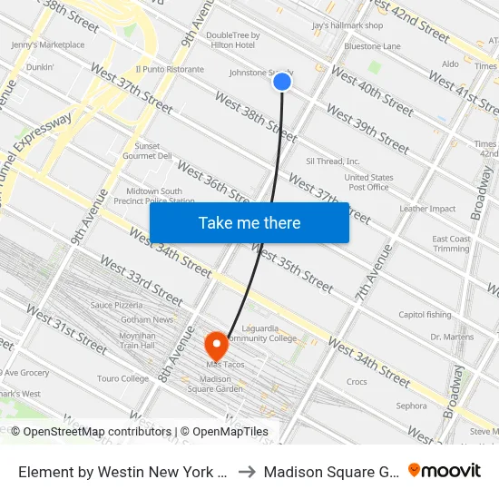 Element by Westin New York Times Square West to Madison Square Garden Center map