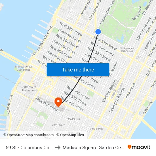 59 St - Columbus Circle to Madison Square Garden Center map