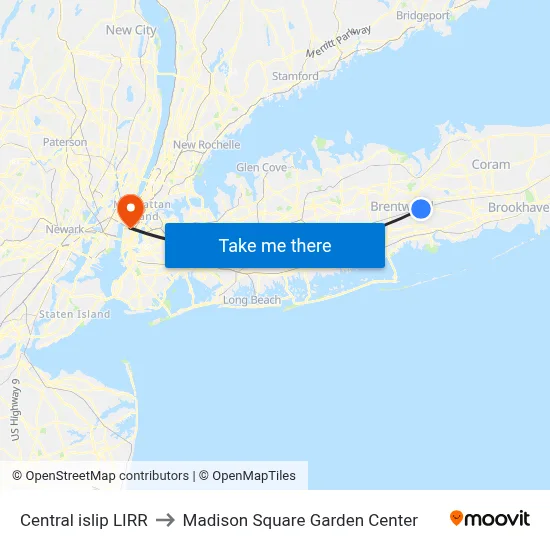 Central islip LIRR to Madison Square Garden Center map