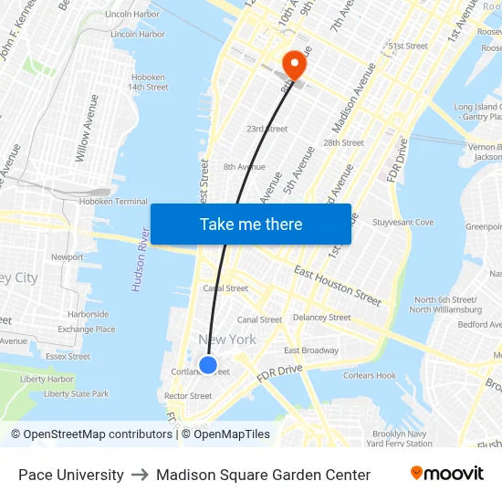 Pace University to Madison Square Garden Center map