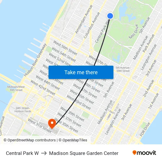 Central Park W to Madison Square Garden Center map
