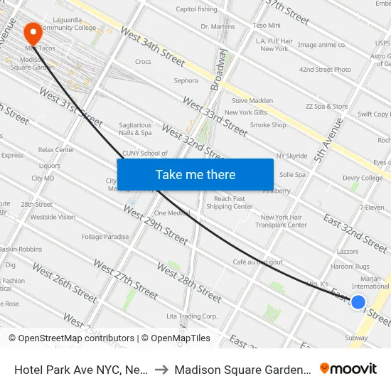 Hotel Park Ave NYC, New York to Madison Square Garden Center map