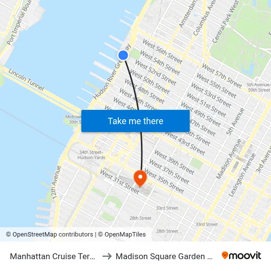 Manhattan Cruise Terminal to Madison Square Garden Center map