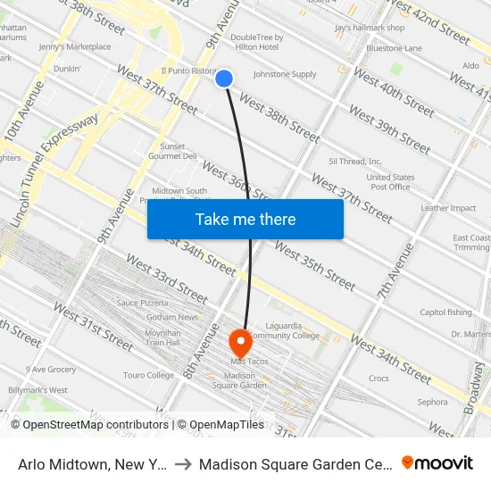 Arlo Midtown, New York to Madison Square Garden Center map