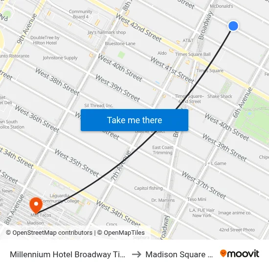 Millennium Hotel Broadway Times Square, New York to Madison Square Garden Center map