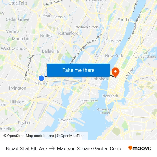 Broad St at 8th Ave to Madison Square Garden Center map
