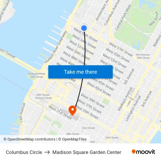 Columbus Circle to Madison Square Garden Center map